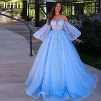 jeheth charming sky blue shiny appliques beaded prom dress detachable puff sleeves tulle ball gowns corset princess evening gown
