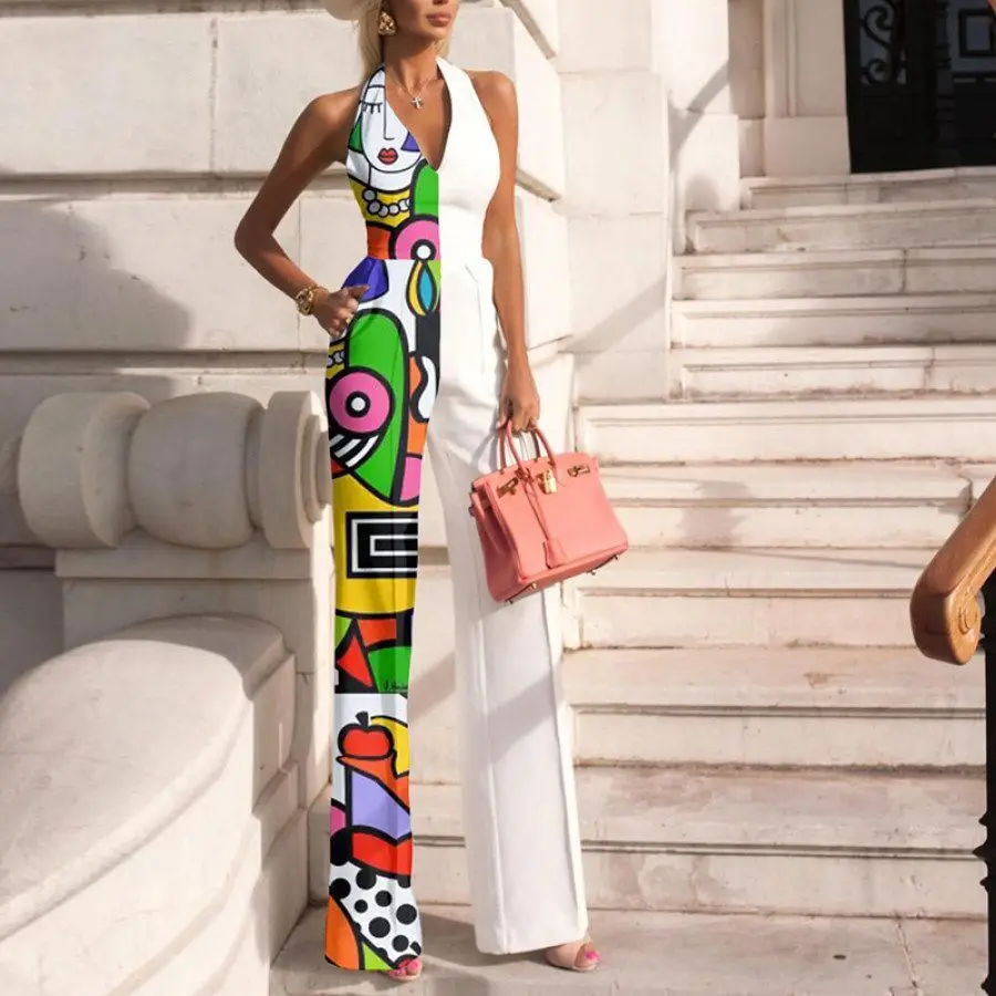

New 2022 printed neck contrast sleeveless loose strap V-neck jumpsuit for women