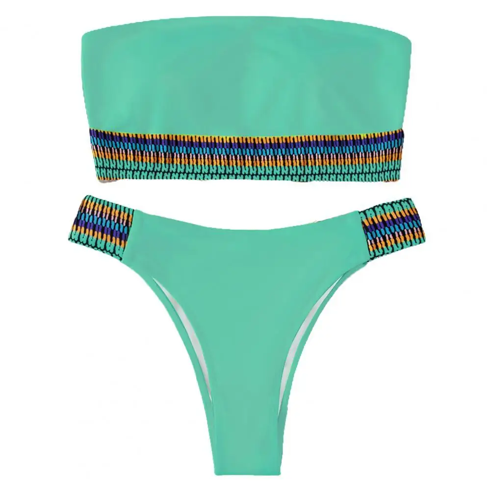 

Women Swimsuit 2 Pcs/Set Strapless Bright Color Patchwork High Waist Bathing Suit for Swimming Bikini Set Female Beach Wear 2022