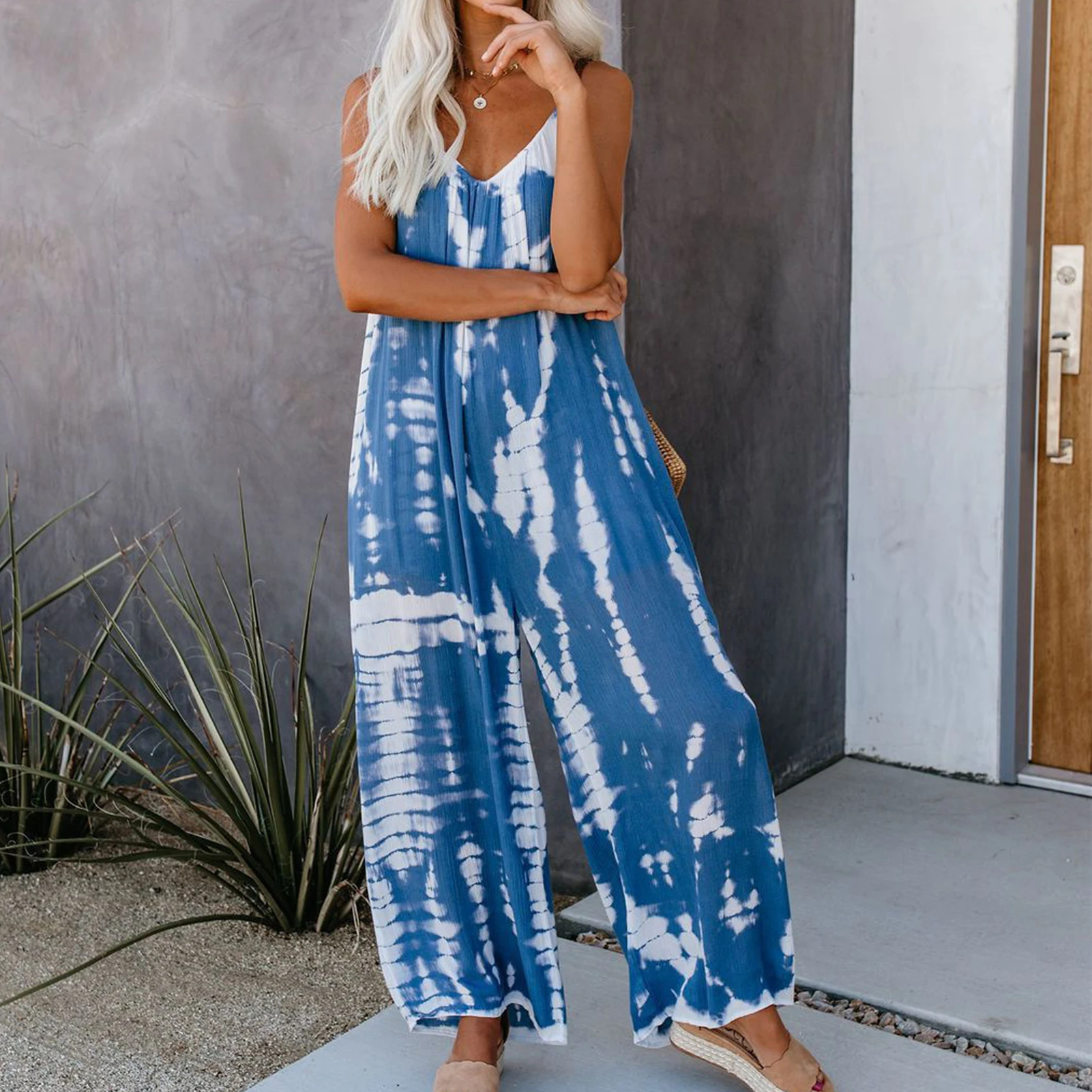 Retro Tie Dyed Long Jumpsuit Women 2023 Summer Sling O neck Backless Wide Leg Rompers Fashion Casual Sleeveless Loose Jumpsuits