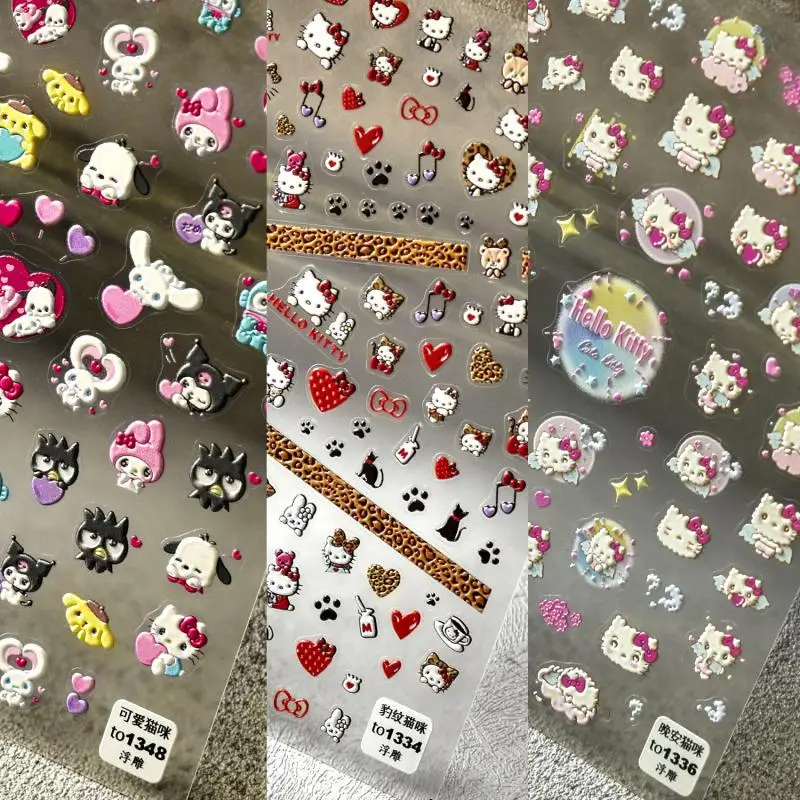 

Kawaii HelloKitty Nail Stickers Sanrio Kuromi Stitch Japanese Embossed Back Glue New Three-dimensional Nail Stickers Decoration