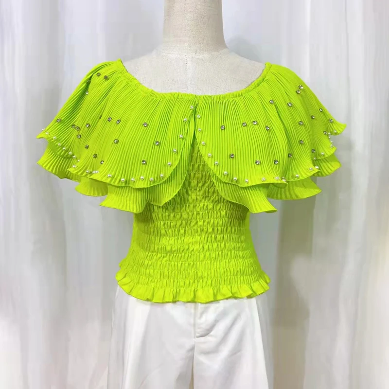 

Korean Crop Top Summer Sweet Ruffles Slash Neck Sexy Pleated Blouse Pearl Beading Diamonds Fashion Chiffon Shirts Blusa Feminina