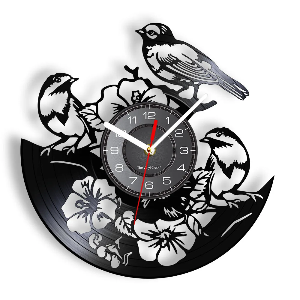 Tropical Natural Wall Art Flower Bird Wall Clock Tree Bird Vinyl Record Clock Songbird Sparrow Wall Clock LED Gift Decoration