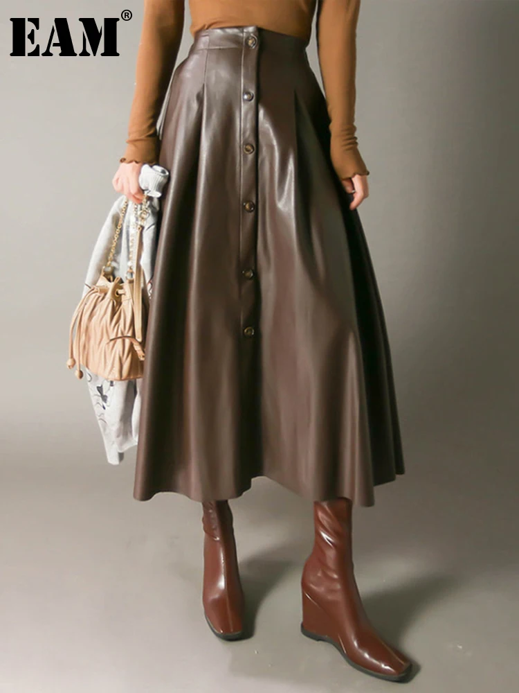 

[EAM] High Waist Brown Pu Leather Button Long Elegant Half-body Skirt Women Fashion Tide New Spring Autumn 2022 1DE9624