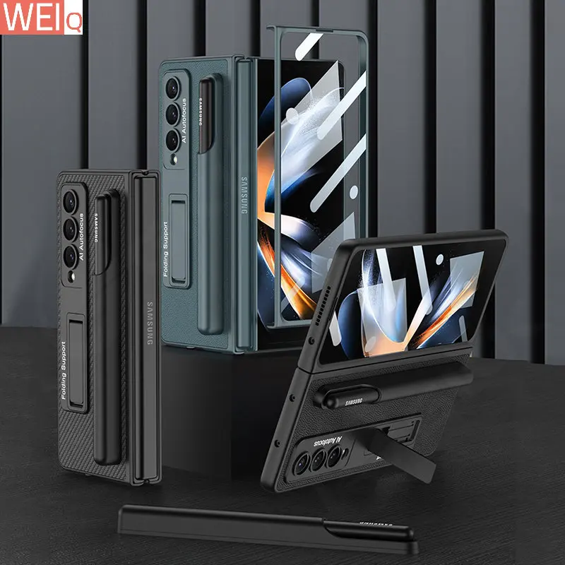 

Leather Removable Pen Holder for Samsung Galaxy Z Fold 4 5G Case With Bracket Hard Cover for Z Fold4 Case Included Glass Film