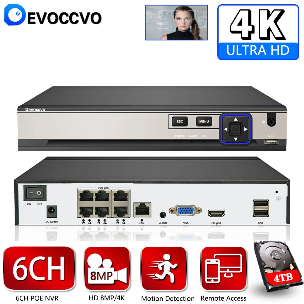

4K 8MP 6CH POE NVR Face Detection Network Audio Video Recorder Home Store H.265+ 24/7 Recording IP Camera P2P Alarm System XMEye