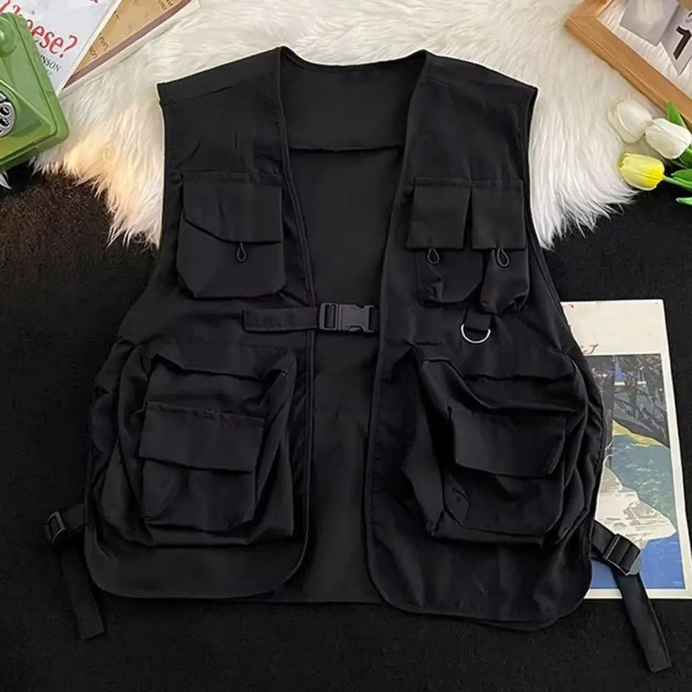 

Men Warm Vest Coat Streetwear Cargo Vests Unisex Hop Style with Multi Pockets Buckle Closure for Men Women Sleeveless Waistcoat