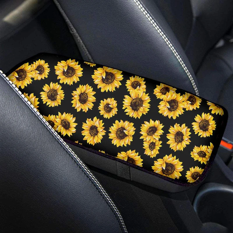 

Universal Car Central Armrest Pad 1PCs Vintage Sunflower Printed Rubber Material Stitched Storage Box Protective Pad
