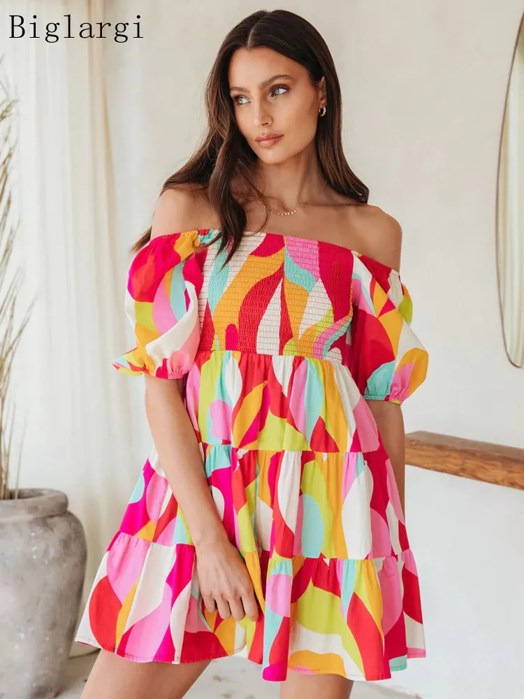

Summer Backless Short Dress Women Puff Sleeve Pleated Print Ladies Dresses Ruffle Casual Loose Woman Dress 2023