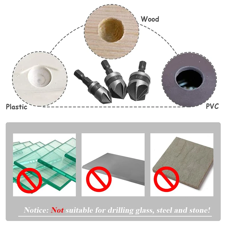 Набор сверл для зенковки комплект из 3 быстросменных насадок работ по дереву и