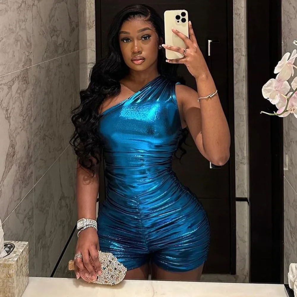 

Women One Shoulder Jumpsuit Solid Color Faux Leather Stretch Sleeveless Jumpsuit 2023 Summer Playsuit One Piece Suit Romper