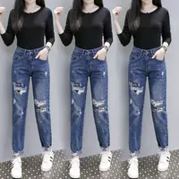 Fake holes, high waist, baggy jeans, women's spring and autumn new style, loose, thin, straight cropped pants fashion