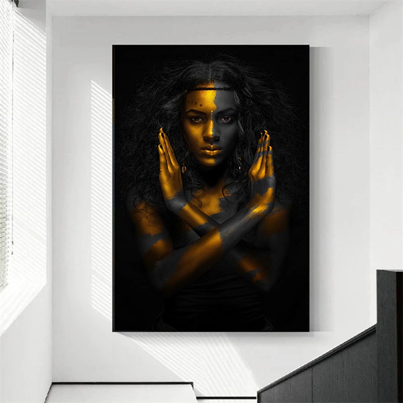 

Black and Gold African Nude Woman Indian Oil Painting on Canvas Posters and Prints Scandinavian Wall Art Picture for Living Room