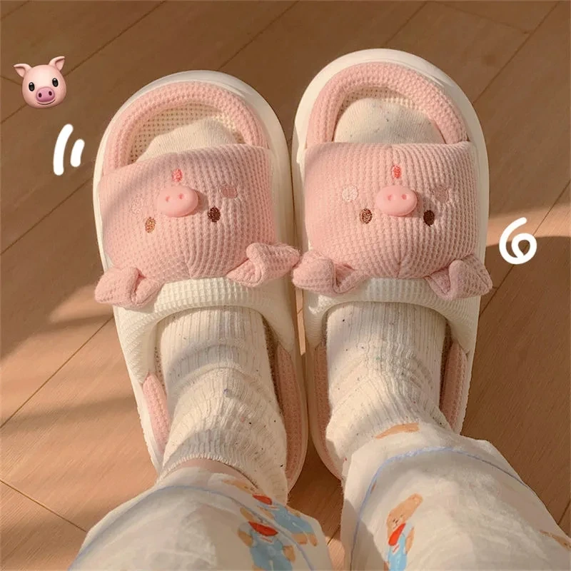 

Yasuk All Season Women's Casual Simple Indoor And Outside Home Slippers Non-Slip Cute Pink Pig Versatile Cotton Linen Sweet Girl