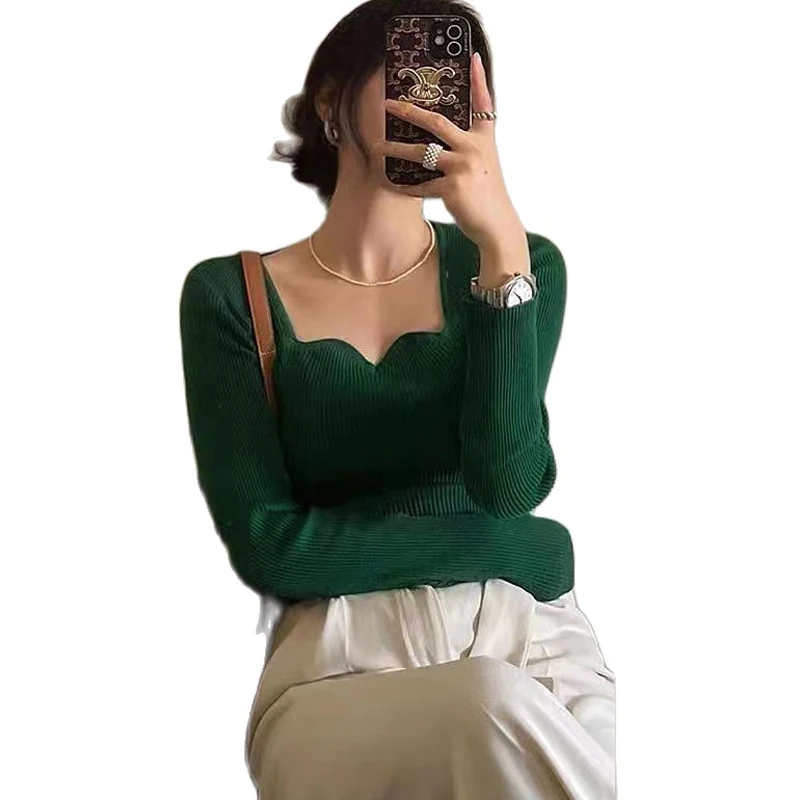 

Женский короткий свитер с волнистыми лепестками, однотонный вязаный пуловер с длинным рукавом, Зеленый джемпер, Осень-зима 2023