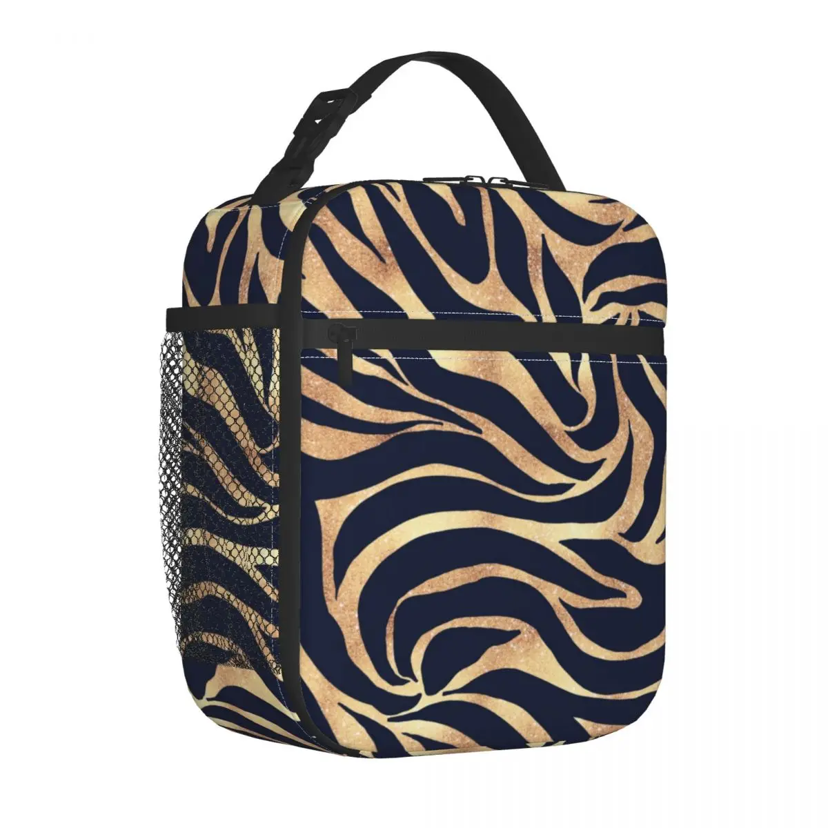 

Blue Gold Zebra Lunch Bag Animal Print Funny Lunch Box For Women Beach Portable Zipper Cooler Bag Print Thermal Tote Handbags