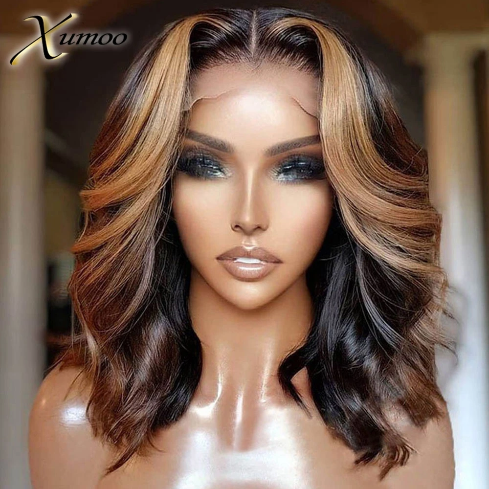 XUMOO Highlight Brown Color 13x4 Lace Front Wigs Wave Short Bob Brazilian Remy Human Hair Gluelss Wigs with Baby Hair For Women