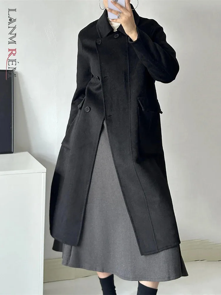 

Пальто LANMREM женское длинное из 100% шерсти, Офисная однобортная верхняя одежда с лацканами, роскошная кружевная одежда, зима 2023