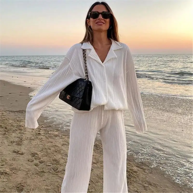 

Spring Women's Shirt Pleated Two Piece Set Loose High Waist Wide Leg Pants Suit 2022 Casual Elegant Office Ladies Female Outfit