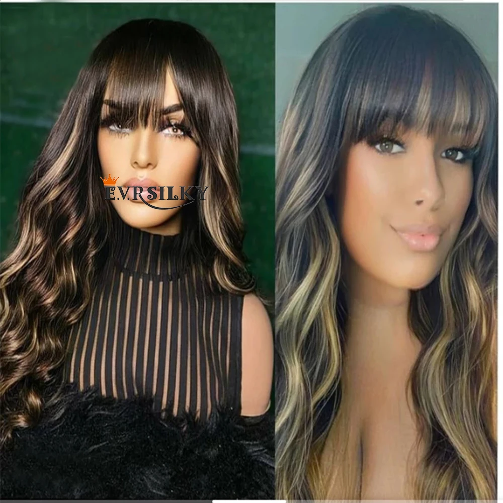 

Ombre Highlights Platinum Blonde Wave Silk Base Scalp Top Wigs With Bangs Full Machine Made Fringe Human Hair Bone Straigh Brown