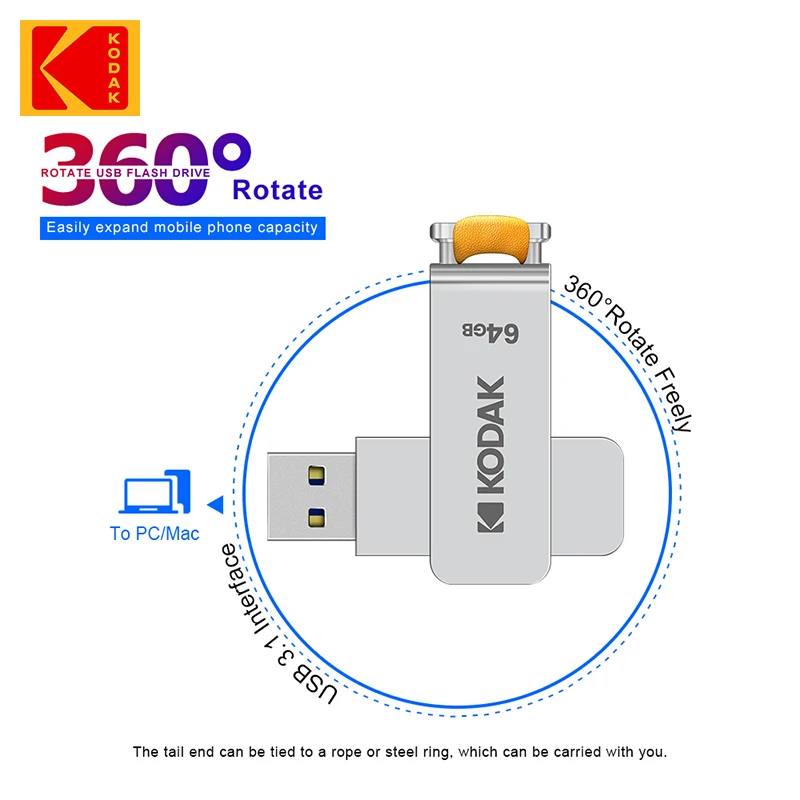 Оригинальная Флэшка Kodak K133 вращающаяся 256 ГБ 128 64 карта памяти кожаный ремешок для