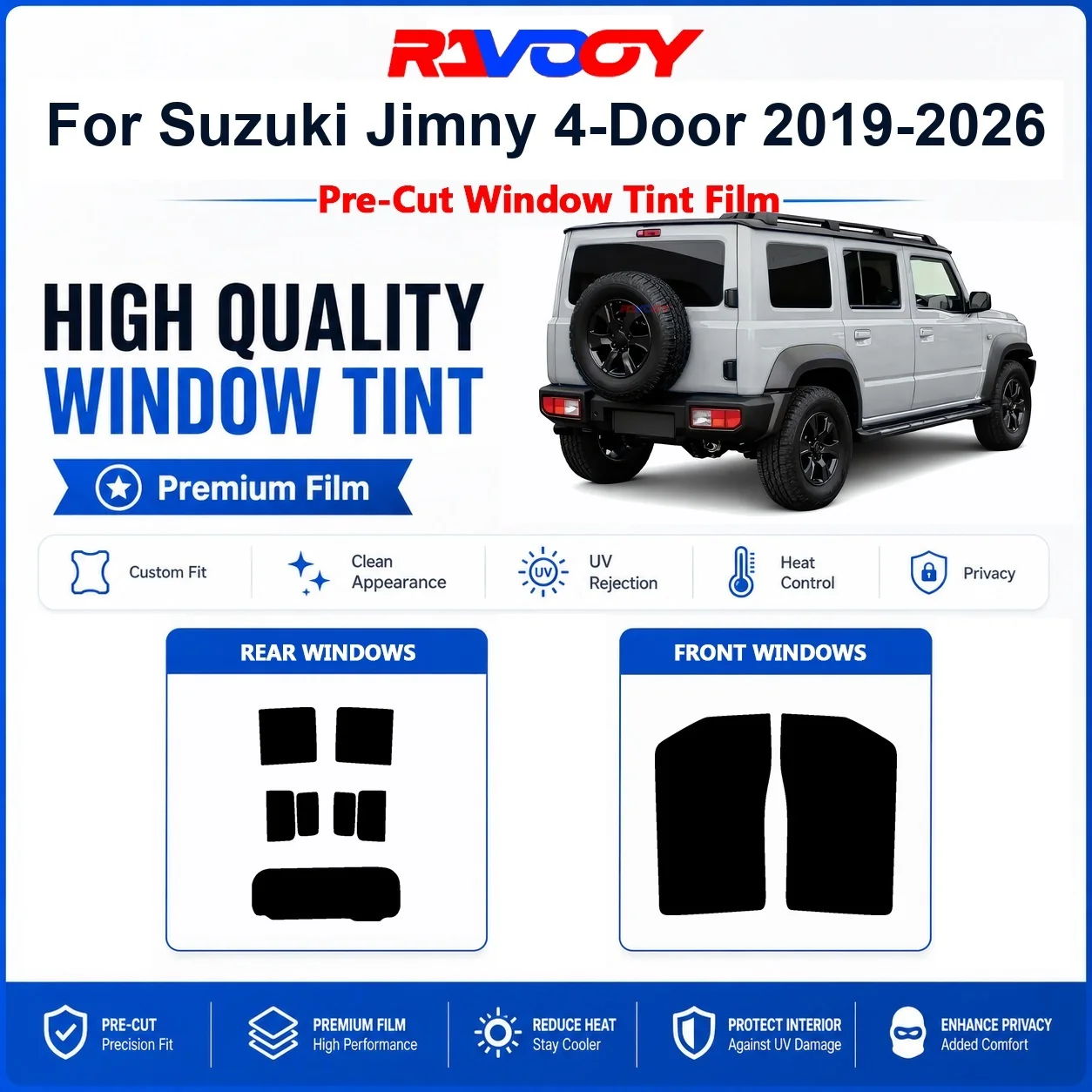 Фото Премиальная предварительно нарезанная тонировочная пленка для окон Suzuki Jimny 4-дверный 2019-2026: для передних и задних стекол, с защитой от УФ-излучения и теплоизоляцией, пленка для конфиденциальности №1