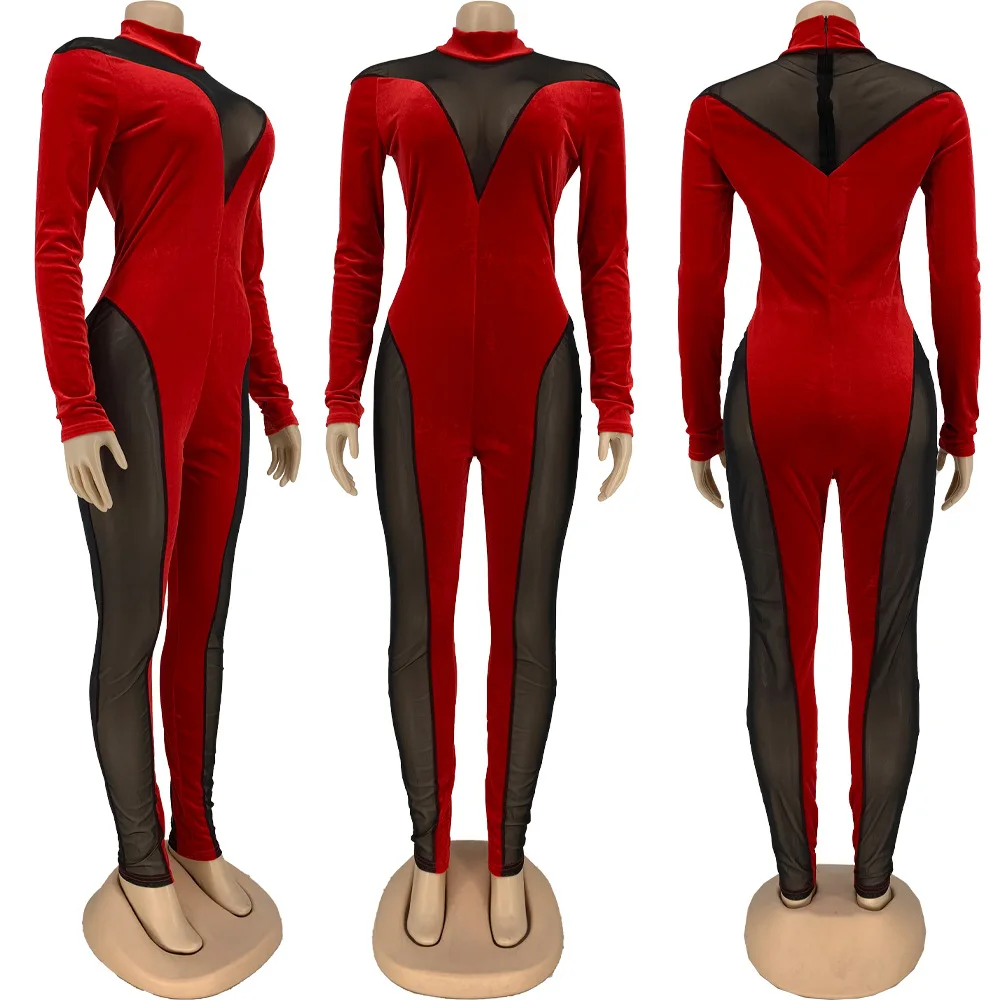 DN8555 Ladies Sexy Jumpsuit Spring and Autumn Streetwear Fashion Mesh Splicing Long Bodysuit Women's Nightclub Clothes
