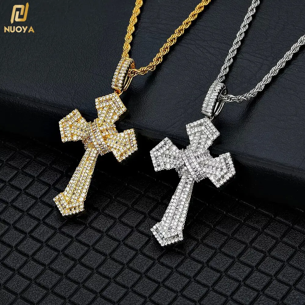 

Fashion Jewelry Iced Out Cross Pendant Bling Baguette CZ Stone Gold Silver Plated Jesus Cross Necklace