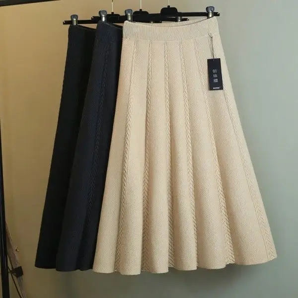 

Women Long Pleated Skirt 2022 New Autumn Winter Elegant Solid Knitted Skirt Casual High Waist A-line Umbrella Skirt D20