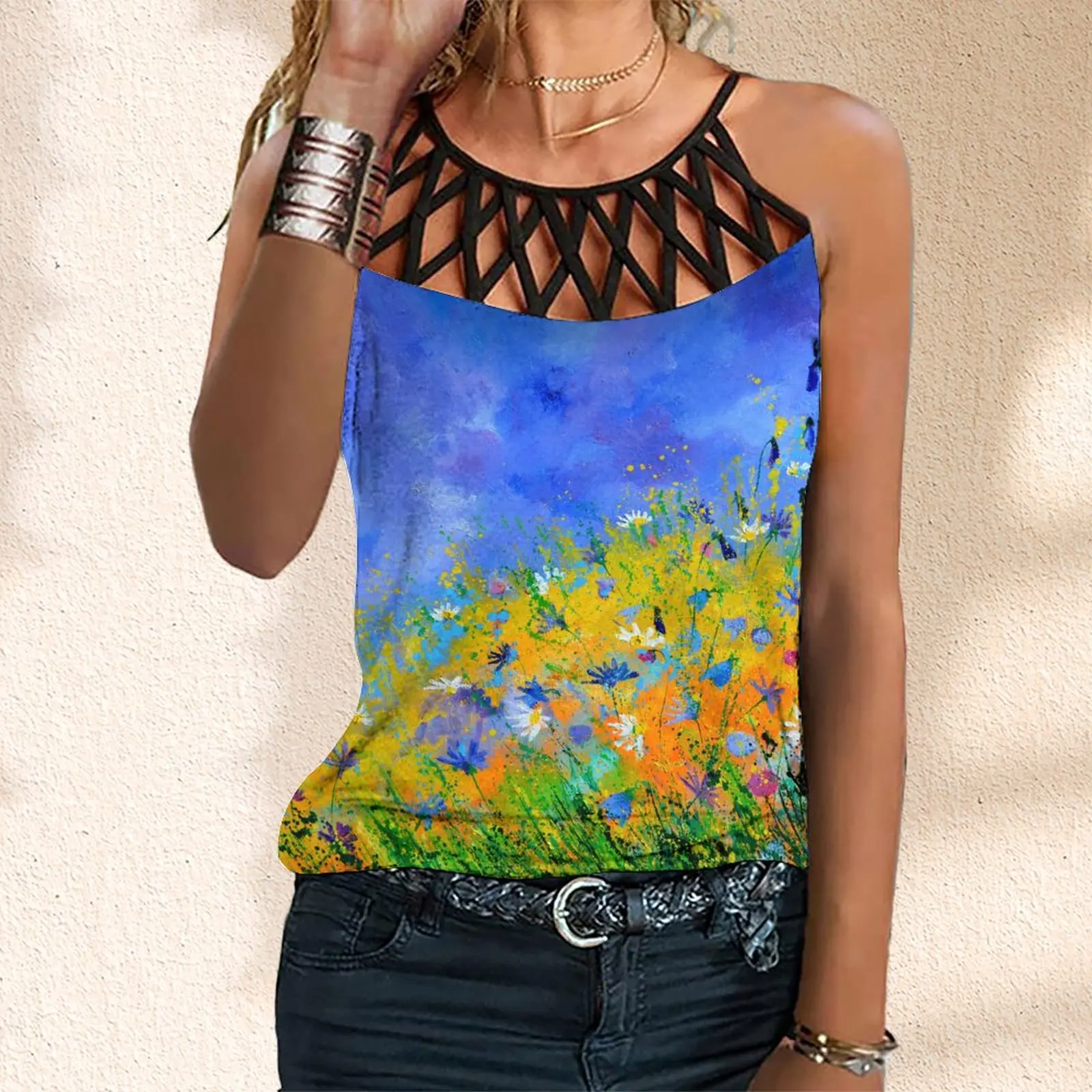 

Women's New Backless Sleeveless Hollow Out Cross Cross Tank Top Oil Print FlowerPrint Y2k Top XS-8XL
