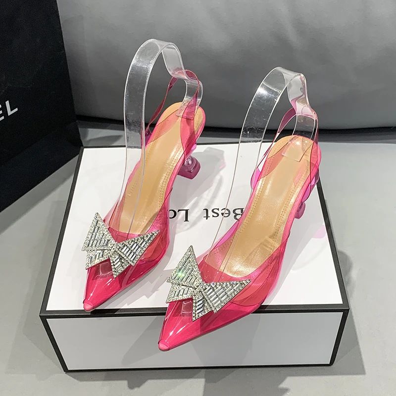 

Rhinestone Bow Tie Colorful PVC Sandals Women's Wine Glass High Heels Back Strap Sandals Women's Pointed Toe Party Shoes Women