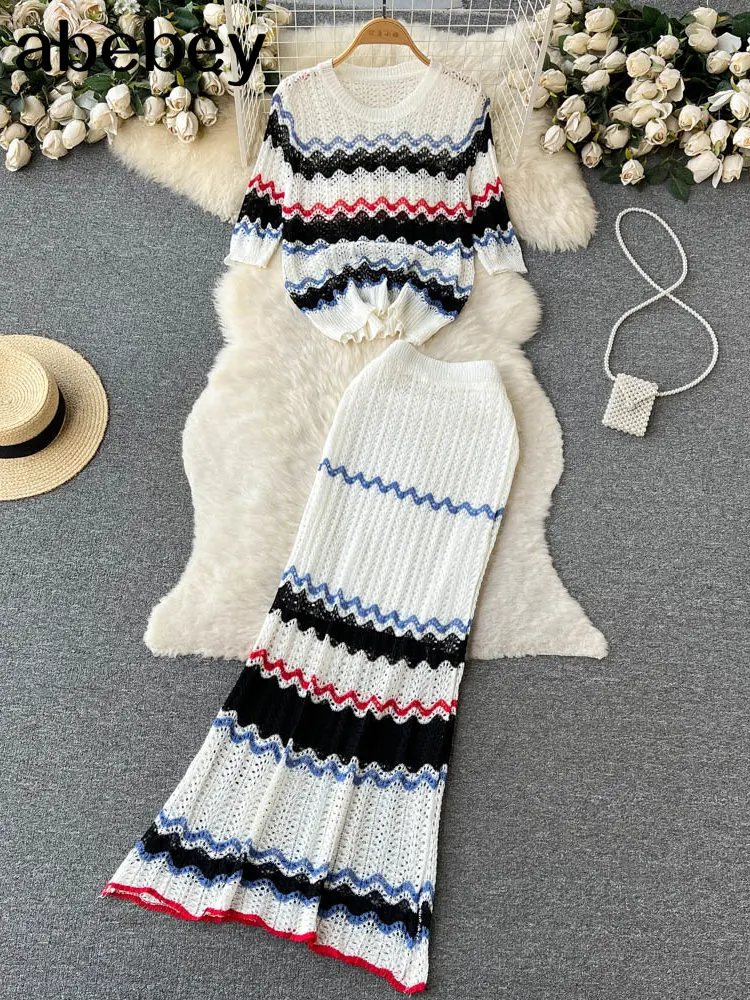 

Summer Knitted Vacation Two Pieces Suits Women Short SleeveCrop Tops+Elastic Slim Midi Long Skirts Female Beach Sets