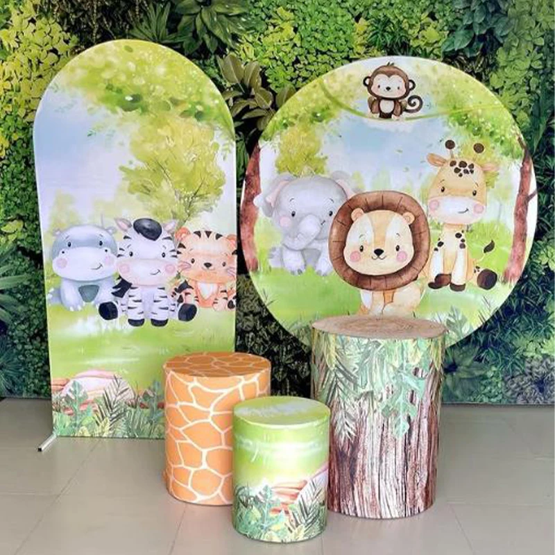 

Safari Birthday Arched Wall Backdrop Cover Cartoon Animlas Lion Elephant Newborn Baby Shower Round Backdrop Cylinder Covers