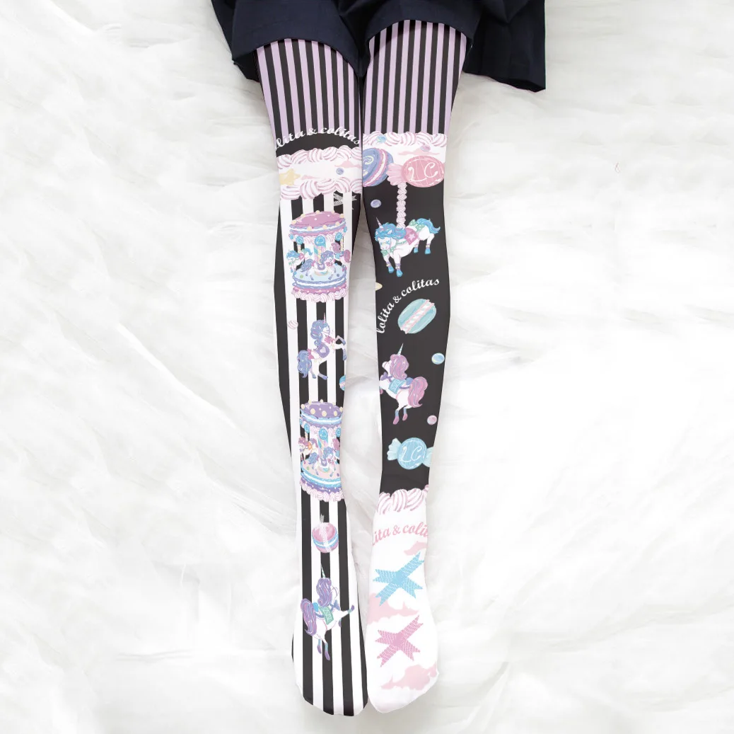 Lolita Two-Dimensional Japanese Stockings Nylon Stripe Print Cartoon Anime Girl Sweet Pantyhose Tights Anti-hook Hosiery Women