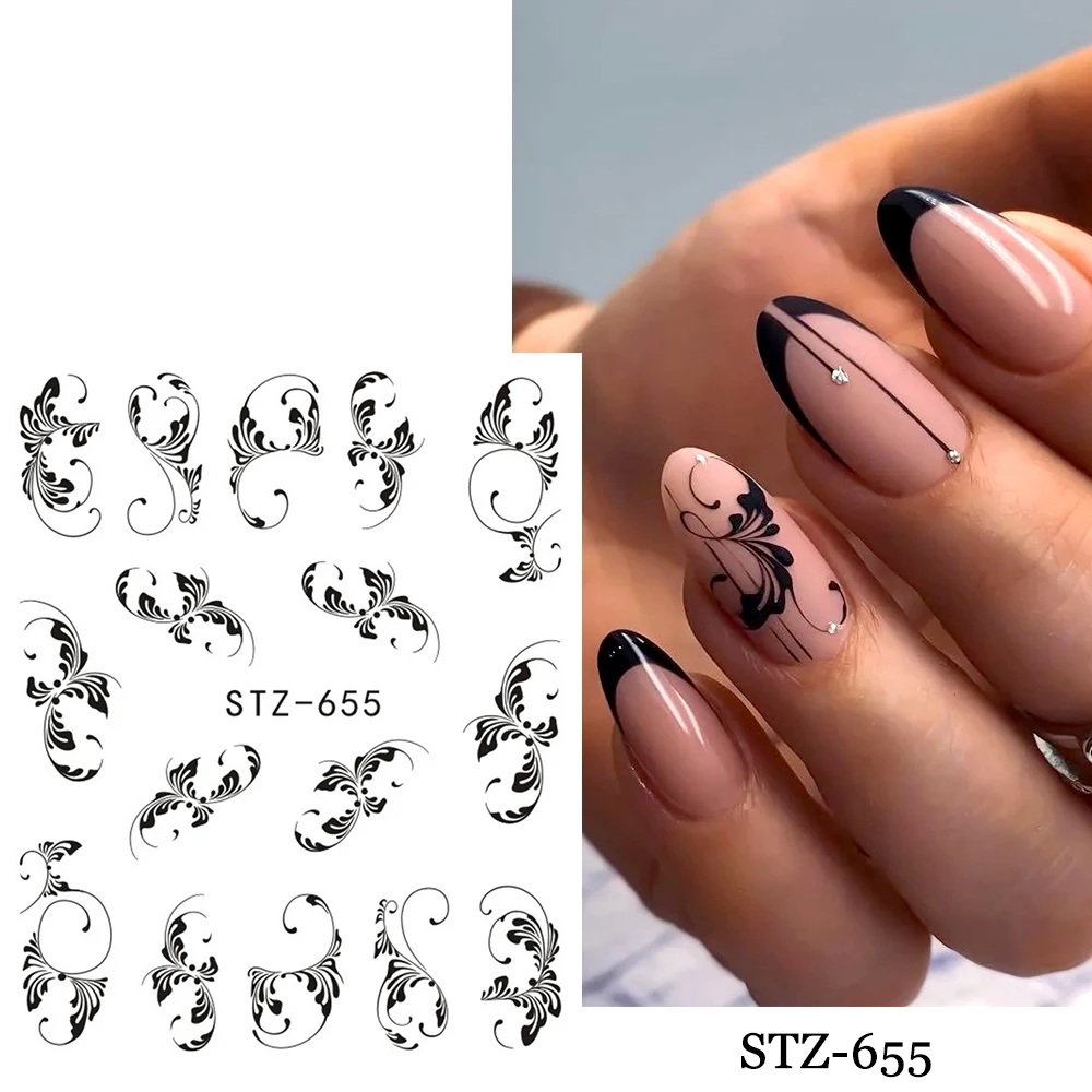 Лавандовая наклейка для ногтей весенний цветок водная роза пион черные листья