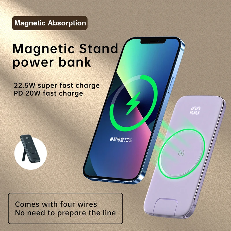 Cena Genai Power Bank 20000mah Szybkie ładowanie Magnetyczne Bezprzewodowe ładowanie PD 20W Powerbank Z Uchwytem Uchwyt Telefonu Wbudowane Kable