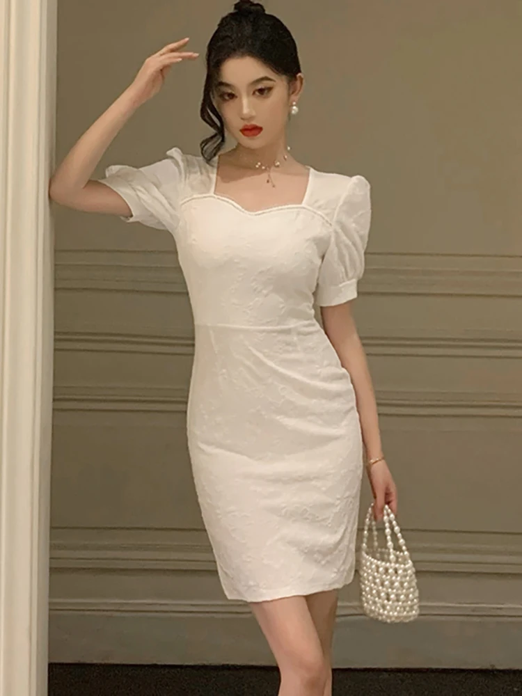 

Женское жаккардовое мини-платье, белое элегантное облегающее офисное платье с коротким рукавом и квадратным вырезом, корейское повседневное платье, лето 2023