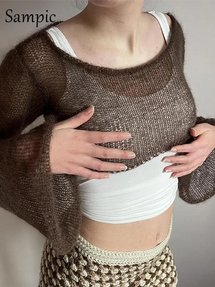 

Женский ТРИКОТАЖНЫЙ УКОРОЧЕННЫЙ ТОП с вырезами Sampic, повседневный прозрачный облегающий топ с длинными расклешенными рукавами, Летняя Пляж...