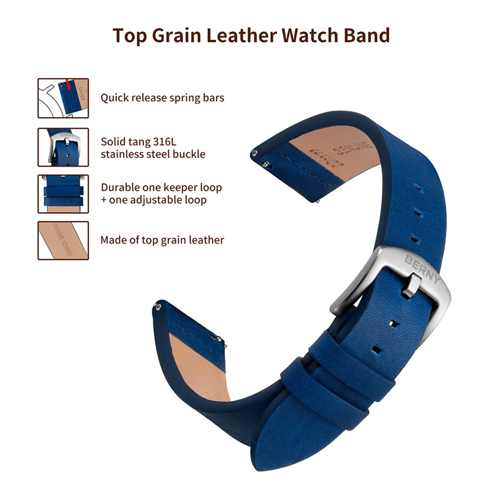 Watch Bands for Women Quick Release Stainless Steel Buckle Waterproof Bracelet Accessories Top Grain Leather Watch Strap for Men