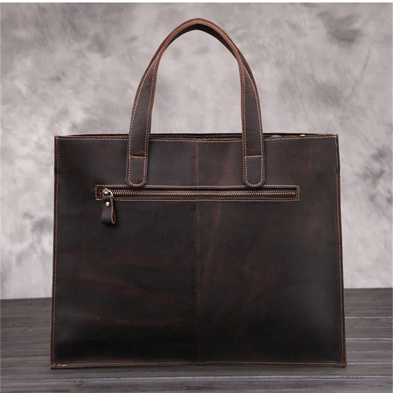 Vintage business crazy horse cowhide men's coffee briefcase tote large capacity high quality genuine leather laptop bag handbag