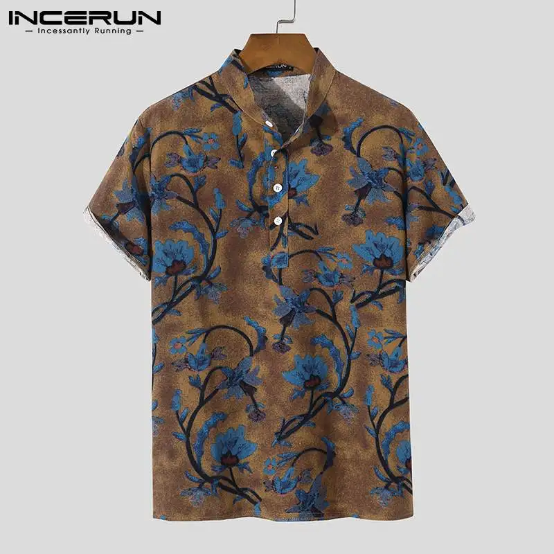 

INCERUN Men Printed Shirt Stand Collar Short Sleeve Streetwear 2022 Vintage Men Hawaiian Shirts Cotton Summer Casual Camisas 3XL