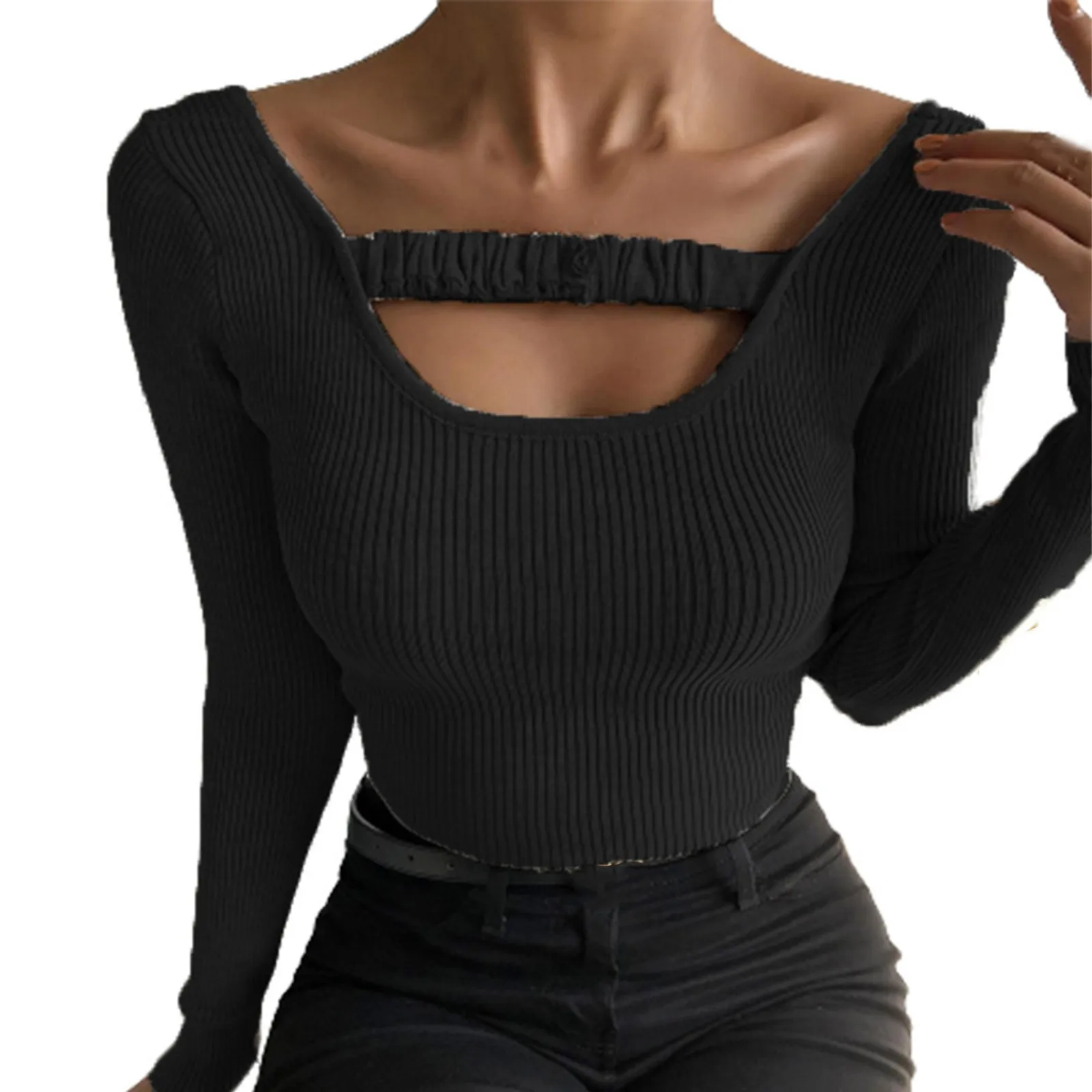 

Женская трикотажная футболка с вырезами, топ с круглым вырезом и эластичным ремешком, привлекательная облегающая футболка с длинным рукавом, однотонные футболки для дам на осень