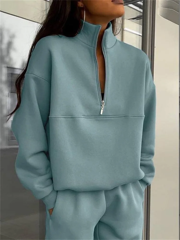 

Женский Повседневный свитер на молнии, однотонный пуловер с длинным рукавом и леггинсы, Осень-зима 2023