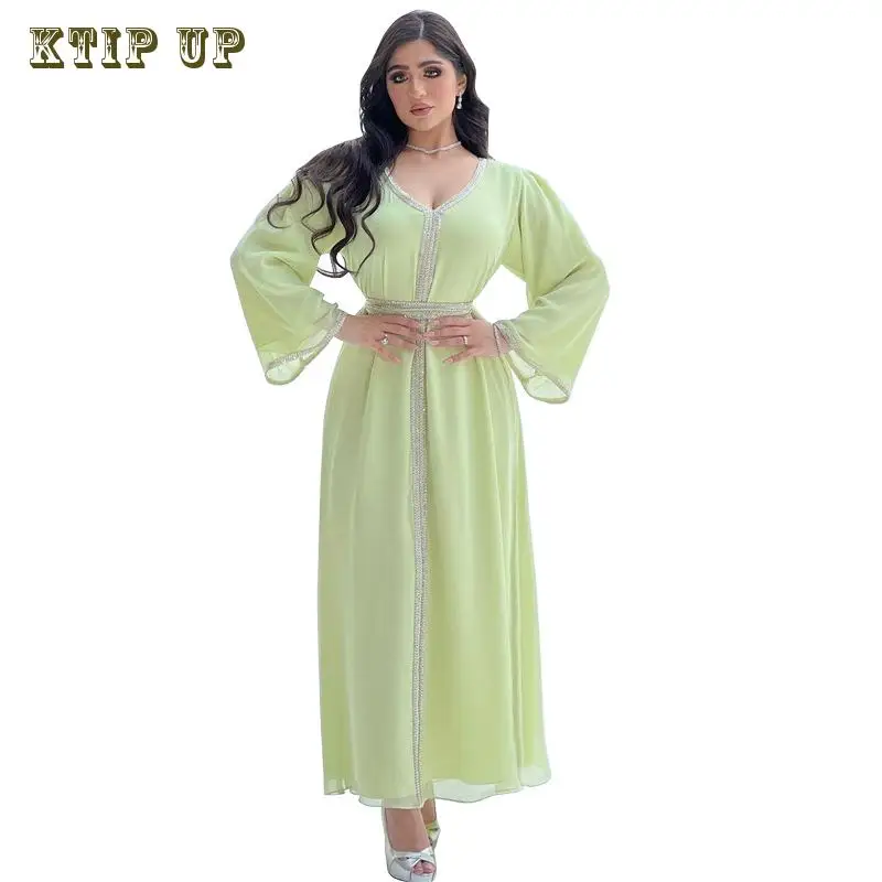 

Middle East Islamic Muslim Women's Dress Modest Temperament Chiffon Beaded Belt Dress Vestidos Musulmanes Abaya Dress Dubai