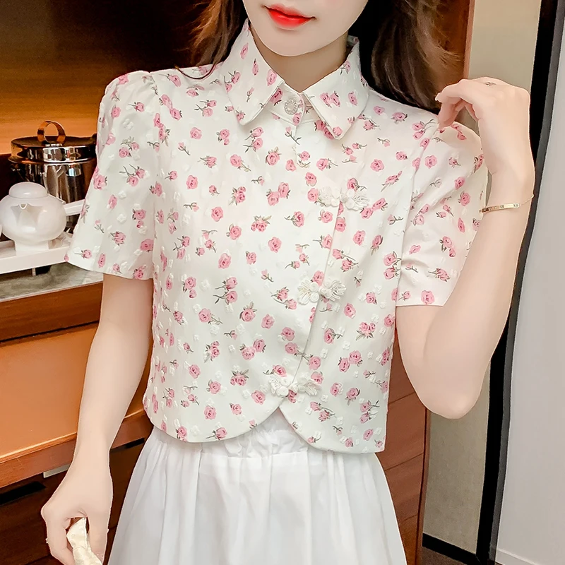 

Женская Цветочная блузка с коротким рукавом, милые короткие стильные рубашки и топы в японском стиле мори и гилр, лето 2022