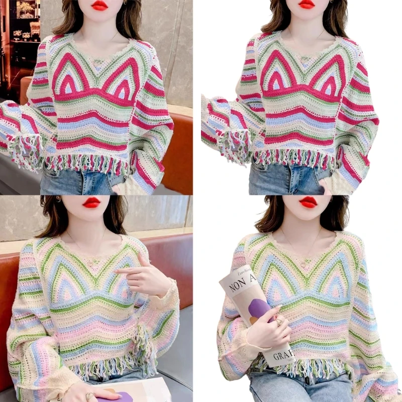 

Fashion Forward Hollow Out Batwing Sleeve Color Contrast Knit Sweater for Women