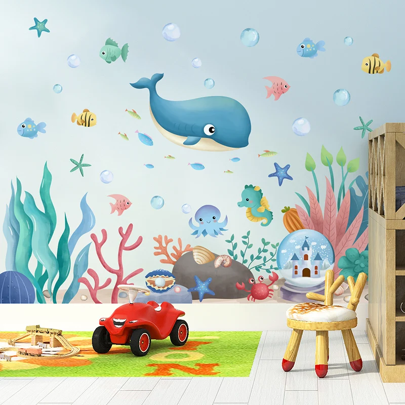 

[shijuekongjian] Seagrass Plants Wall Sticker DIY Fish Animals Wall Decals for Kids Room Baby Bedroom Bathroom Home Decoration