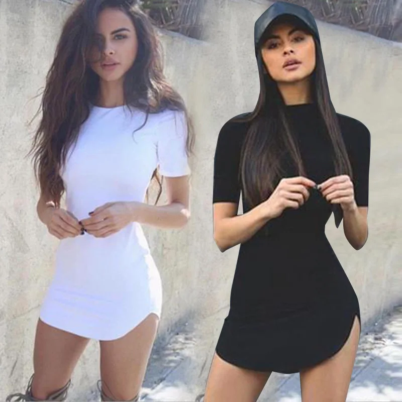 

Women Female O Neck White Slim Fit Mini Club Dress Black Short Sleeves Women Plain Dye Solid Color T Shirt Lady Dress