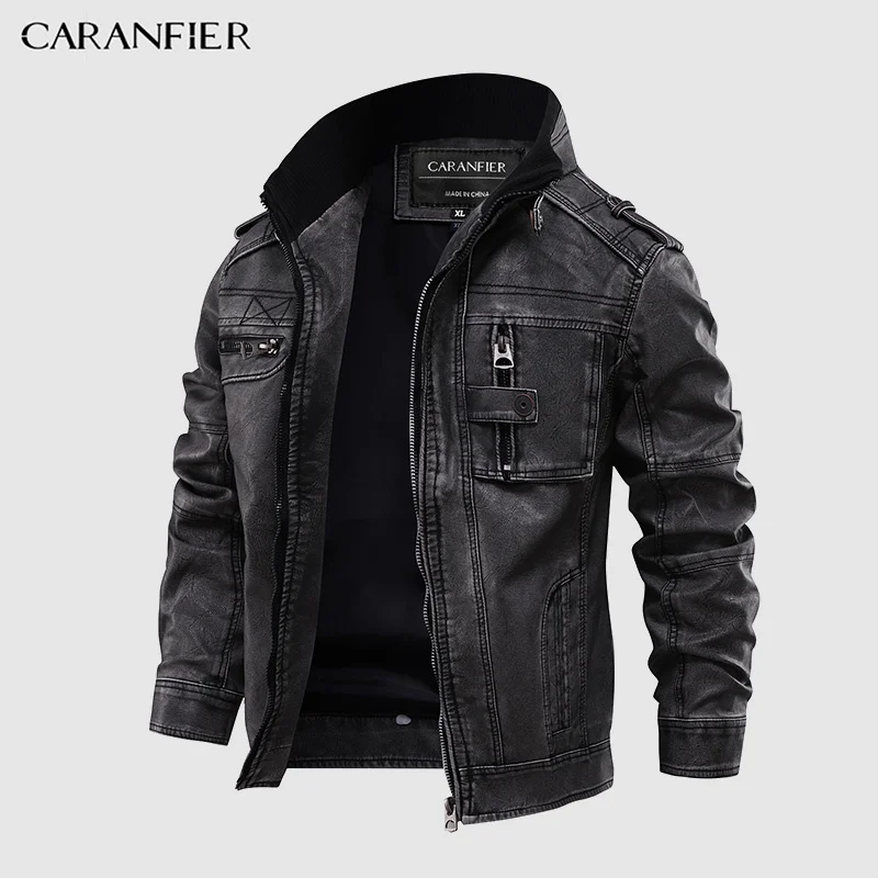 

CARANFIER Mens Leather Jackets Motorcycle Stand Collar Zipper Pockets Male US Size PU Coats Biker Faux Leather Fashion Outerwear