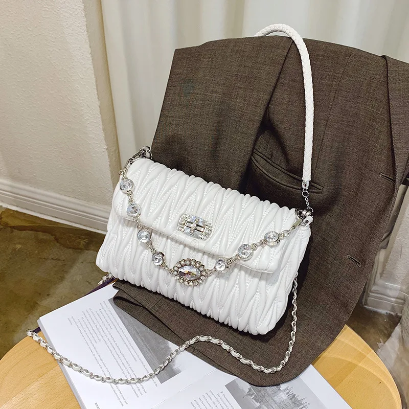 

Rhinestone Chain Women Bag Small Fragrance Trend New Textured Small Square Bag Folded Fashion Single Shoulder Messenger Bag Cc